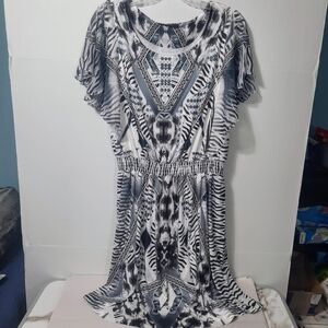 Style & Co Dress XL Black White Fit & Flare Wing Sleeve Midi Elastic Waist